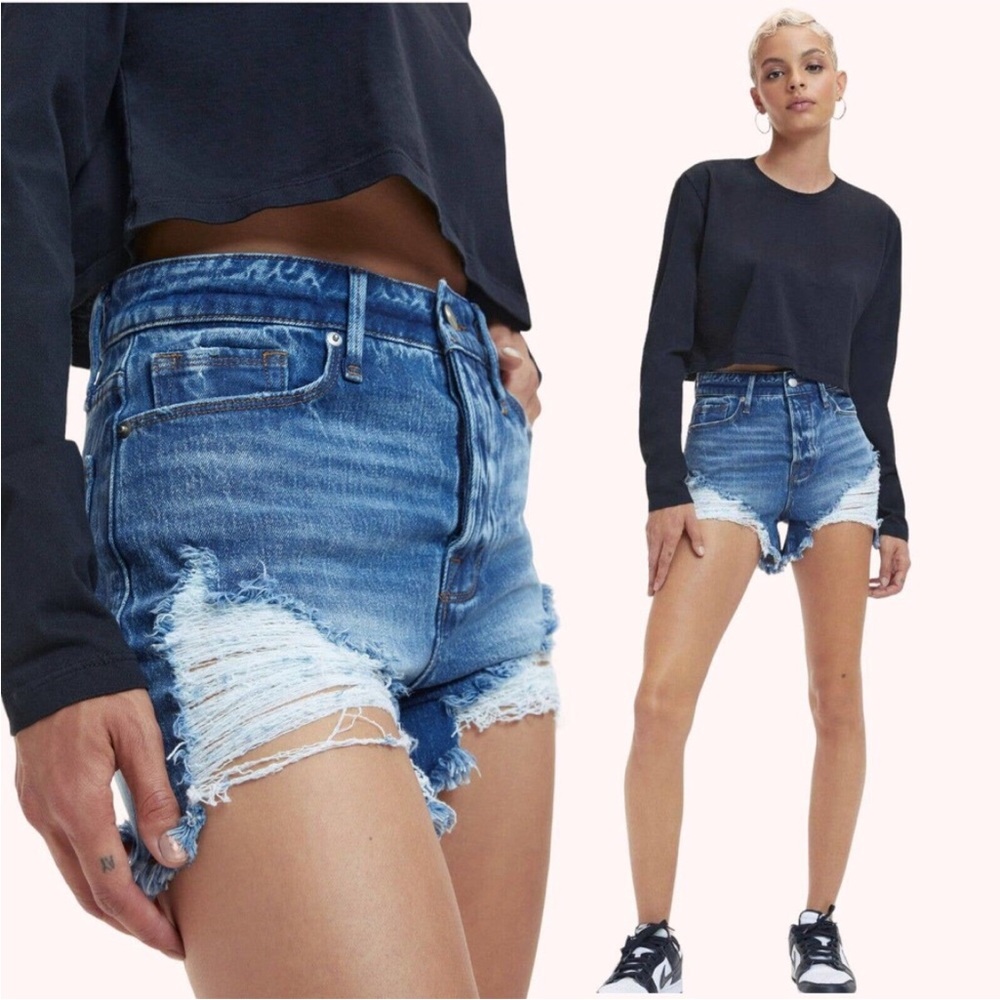 GOOD AMERICAN Bombshell Denim Shorts Jeans Ripped High Rise Distressed SZ 4 27"